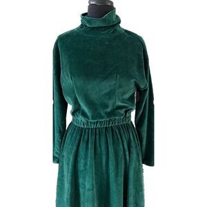 Fads Green Velvet 1980's 90's Vintage Velour‎ Midi Dress PM Prairie Modest